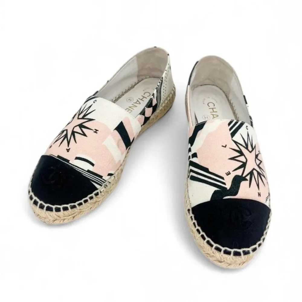 CHANEL La Pausa Ecru Star Print Canvas Cap Toe CC Logo Espadrilles Size …